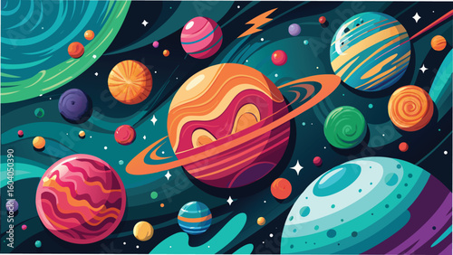 Vibrant and colorful cartoon illustration of planets and stars against a teal space background for creative designs