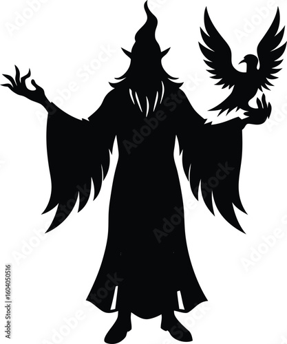 Mysterious wizard with a mystical bird companion casting spells with arcane powers new 2025 trendy