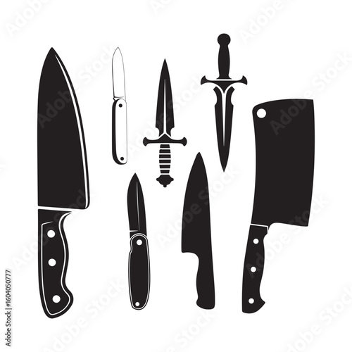 Collection of various knives and blades in silhouette against a white background