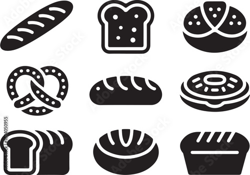 Bread Variety Icons – Solid Vector Icons of Bakery Bread Baguette, Toast Slice, Dinner Roll, Pretzel, and Flatbread