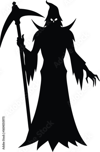 Spooky Silhouette of Grim Reaper Holding Scythe and Looming new 2025 trendy