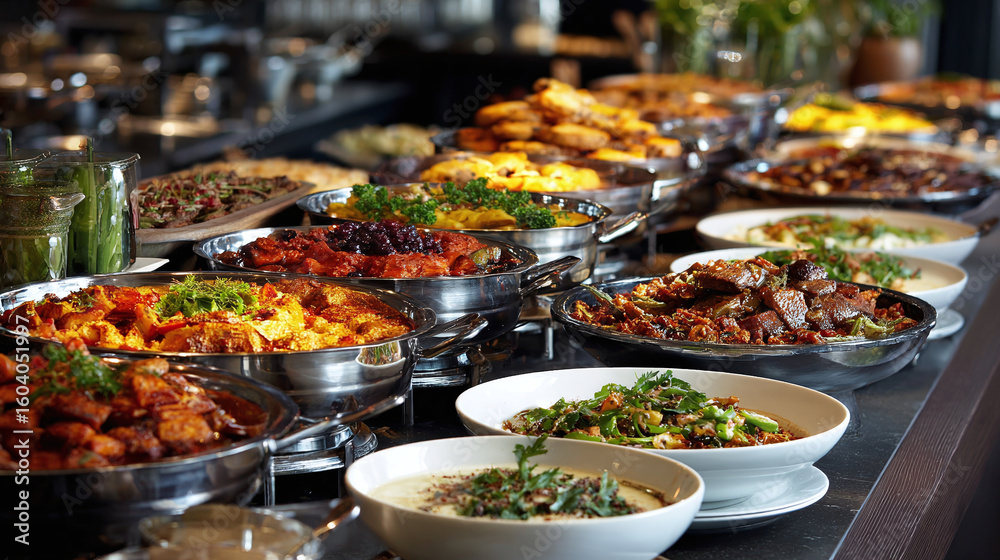 Fototapeta premium A diverse buffet featuring various food items in metal serving dishes and bowls, showcasing a wide array of culinary options.