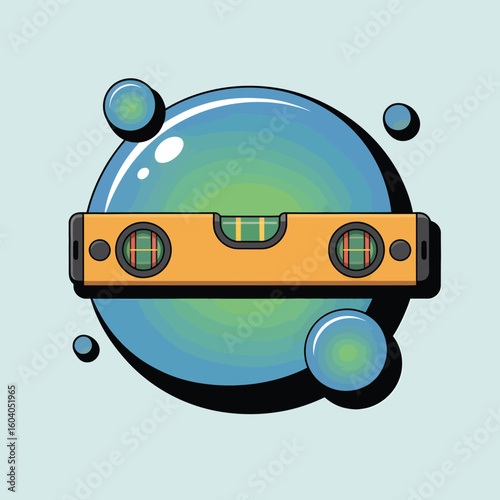 Vector Illustration of Yellow Spirit Level on Teal Bubble Background with Smaller Bubbles Surrounding it Featuring a Cartoonish Style