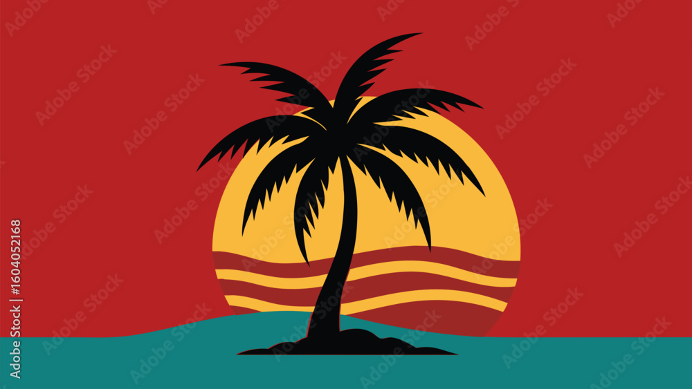 Fototapeta premium Palm tree silhouette on tropical beach at sunset with ocean and sky background
