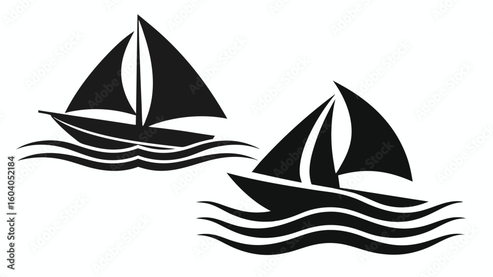 Fototapeta premium Sailing boat vector illustration of a yacht with sails on the ocean showing waves and nautical travel symbol