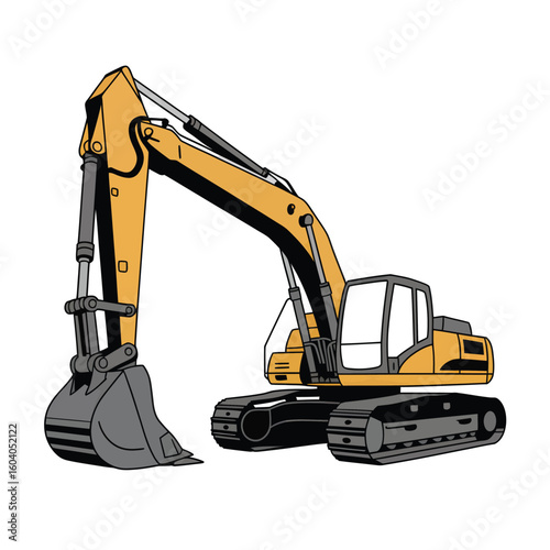 Yellow Excavator Illustration Black Outline Detailed View Construction Machinery Heavy Equipment Digger Side Profile