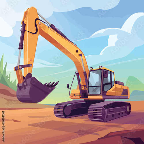 Yellow Excavator on Construction Site Vector Illustration Orange Heavy Machinery Digger Earthmoving Equipment Landscape Background