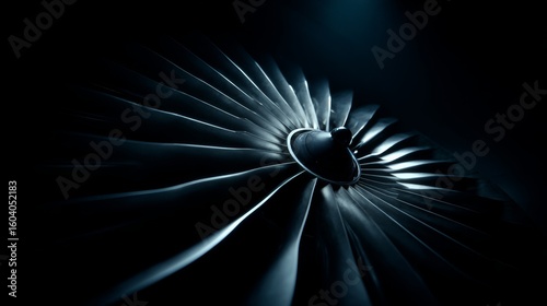 The image depicts a jet engine up close, featuring a black and silver color scheme