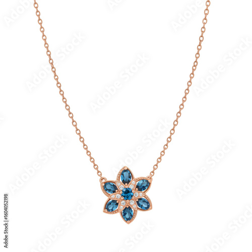 Silver necklace chain with blue pendant stone hanging gracefully down