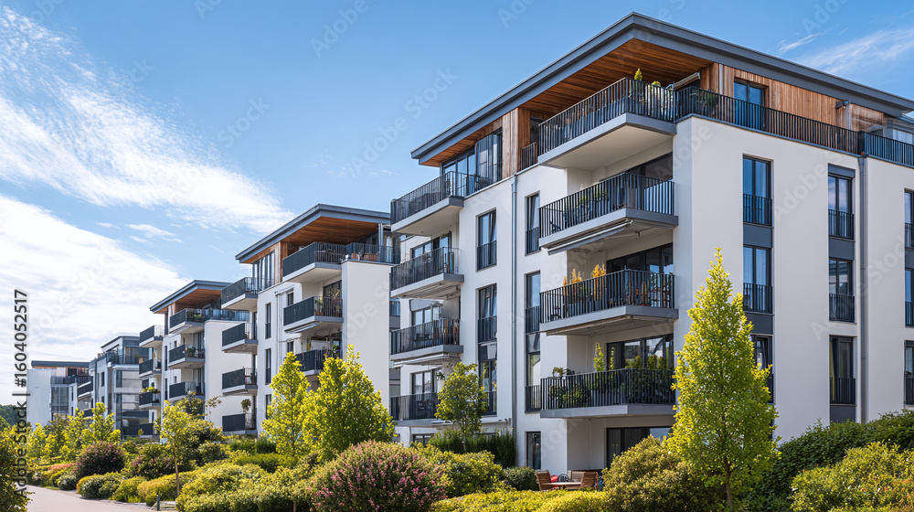 Modern apartment complex with balconies under a sunny blue sky, surrounded by lush landscaping, offers upscale urban living in a green, community-focused setting. Modern apartment complex with balconies under a sunny blue sky, surrounded by lush landscaping, offers upscale urban living in a green, community-focused setting.