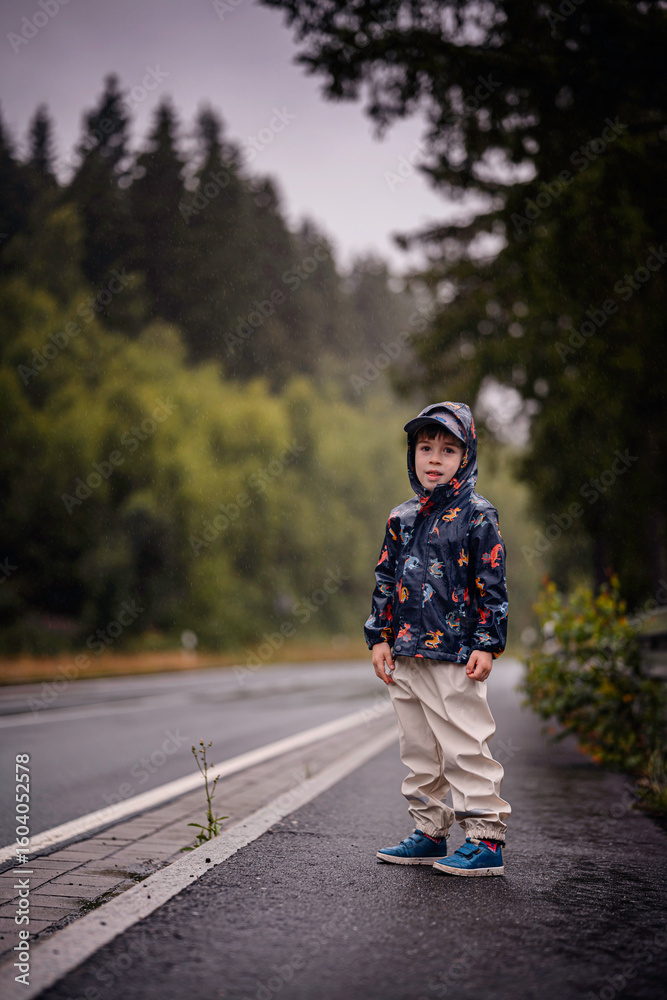 Obraz premium Child Standing by Wet Road in Rainy Forest Setting