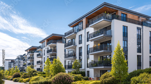 Modern apartment complex with balconies under a sunny blue sky, surrounded by lush landscaping, offers upscale urban living in a green, community-focused setting.