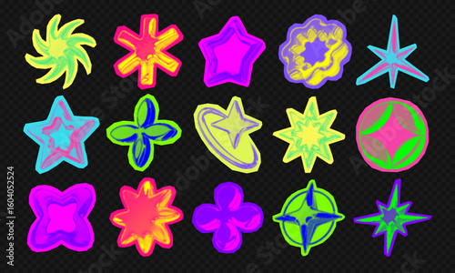 Y2k 3d punk neon colors light chrome halftone stars shape retro abstract vector illustration sticker set. Chrome silver 3d metallic halftone semitone retro effect bright neon color star collection.