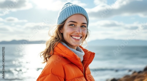 Smiling young woman in winter attire enjoys a coastal view.