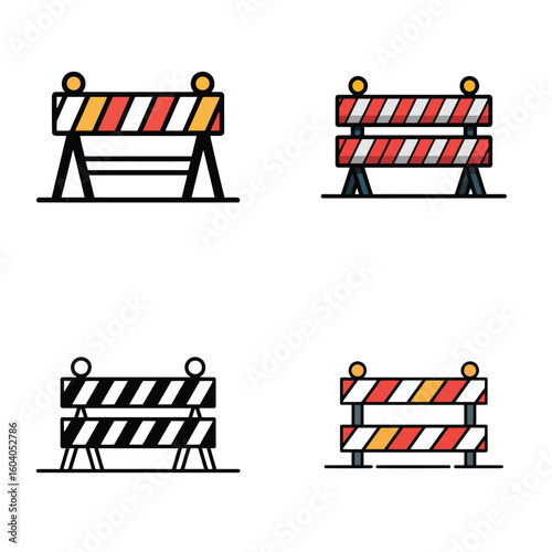 Four Colorful Barrier Icons Roadblock Illustrations Red White Black Yellow Orange Construction Site Safety Symbols Graphic Design Elements