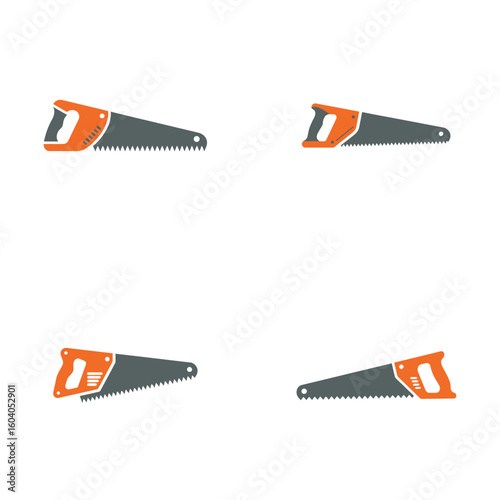 Four Hand Saw Icons Different Colors Orange Red Gray and Yellow Hand Tools Isolated on White Background Simple Flat Design Vector Illustration