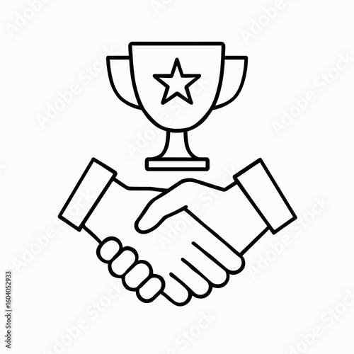 Handshake and trophy icon in black outline style – symbol of partnership success