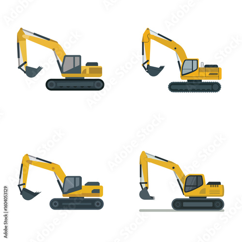 Four Yellow Excavators on White Background Different Angles Construction Equipment Heavy Machinery Illustration Flat Design