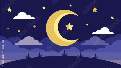 Moon and stars in the night sky vector illustration with nature and landscape elements