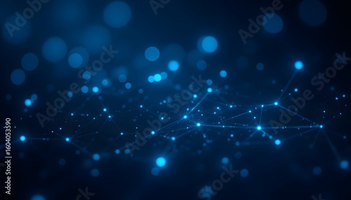 A complex, interconnected web of glowing nodes and faint lines forms a network on a deep blue backdrop, suggesting artificial intelligence