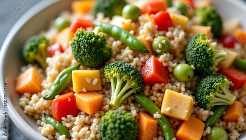 A vibrant medley of colorful diced bell peppers, tender broccoli florets, crisp snow peas, and slivered carrots are stir fried with fluffy, steamed rice