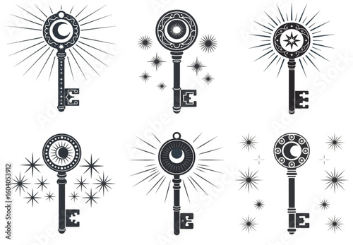 Set of vintage mystic keys with celestial sun, moon, and stars, an esoteric vector graphic collection isolated on a transparent background