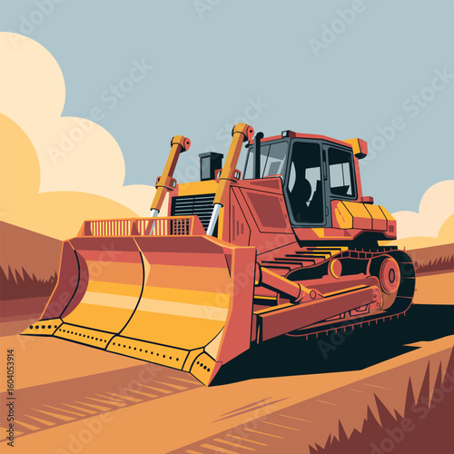 Red and Yellow Bulldozer Vector Illustration on Tan Ground with a Light Blue Sky Background Showing a Construction Vehicle in a Rural Setting