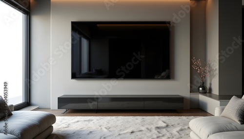 A spacious living room features a large, flat panel television mounted on a textured wall, serving as a focal point above a sleek, low console