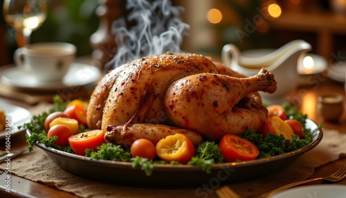 A golden brown, perfectly roasted fowl, the centerpiece of the holiday feast, glistens under the warm glow of the dining room lights
