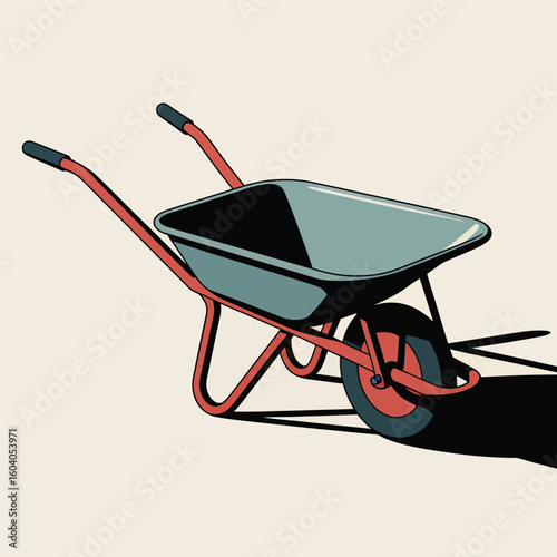 Red handled wheelbarrow vector style illustration teal metal tray dark shadow light beige background simple design