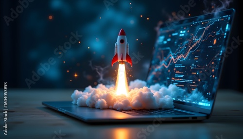 A miniature, stylized rocket, bursting forth from the glowing screen of a modern laptop