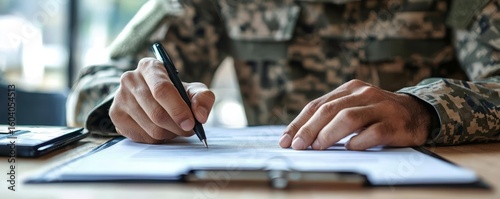 A soldier in camouflage signing financial assistance documents.