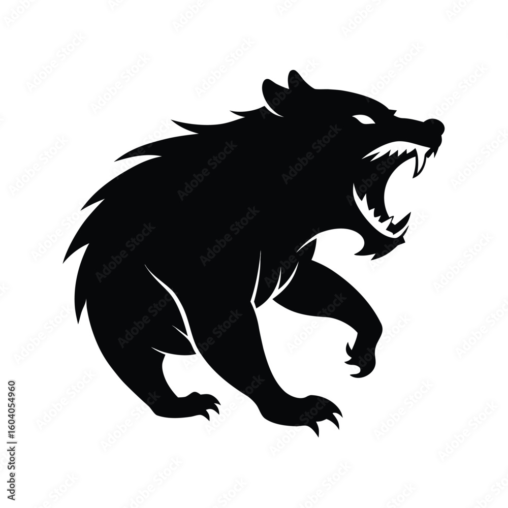 Obraz premium Fierce rabid bear head with open mouth and sharp claws silhouette banner design