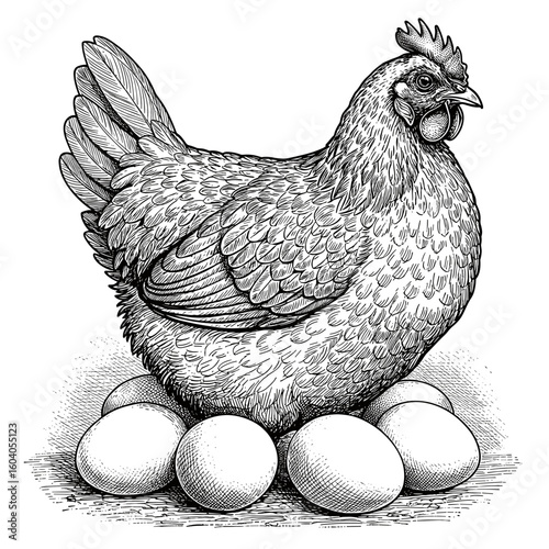Vintage engraving of brooding hen sitting on eggs — hand-drawn black and white farm animal sketch for rustic food label and packaging

