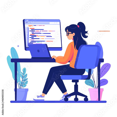 Woman Programmer Coding On Laptop And Desktop