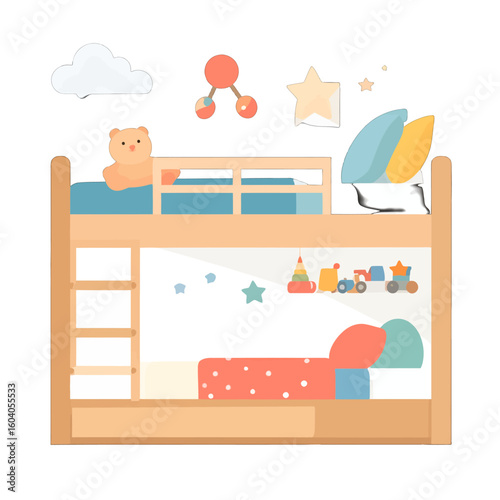 Cozy children's bunk bed illustration with a teddy bear, toy train, and colorful pastel bedding.
