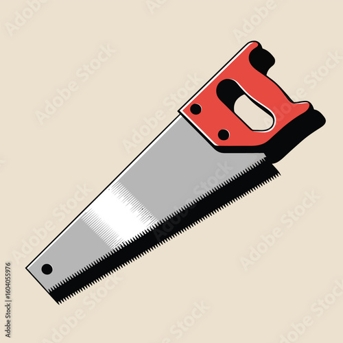 Vector Illustration of a Hand Saw with Red Handle Against a Beige Background a Simple Clean Design Depicting a Classic Hand Tool Silver Blade