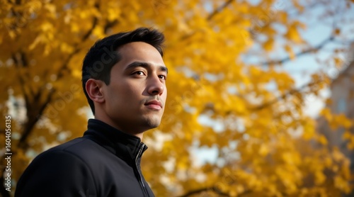Young man gazes thoughtfully amidst vibrant autumn foliage.