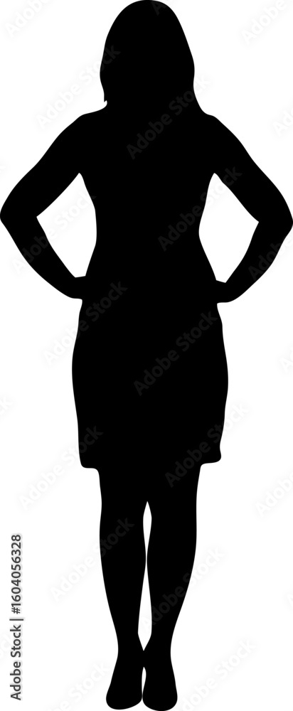 Elegant Woman Silhouette with Classic Poised Stance and Flowing Hair on White Elegant Woman Silhouette with Classic Poised Stance and Flowing Hair on White