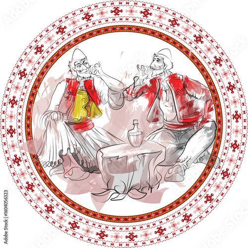 Albania folk man drinks raki and toast (dolli) together color