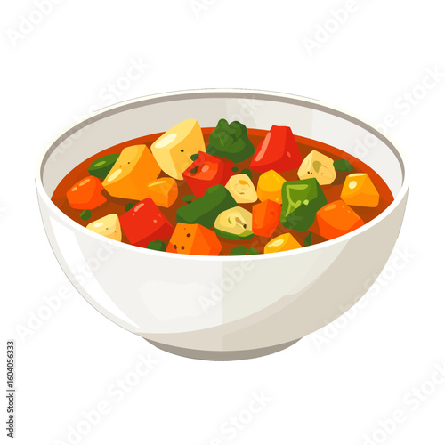 A vibrant bowl of hearty vegetable stew with colorful diced ingredients, presented in a clean, stylized illustration.