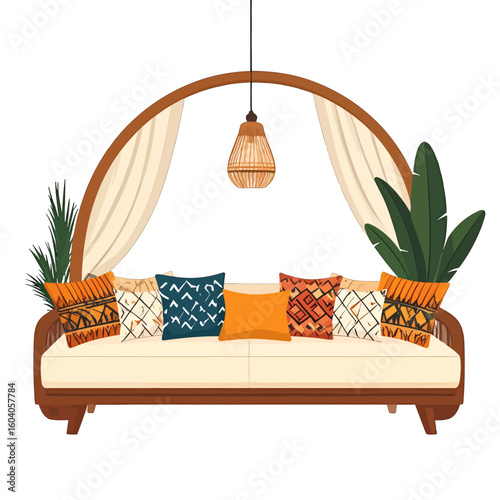 Bohemian arched daybed with tribal and geometric patterned pillows, rattan lamp, and tropical plants.