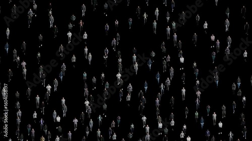 Crowd of people walking in a dark background. Large group of individuals moving together.