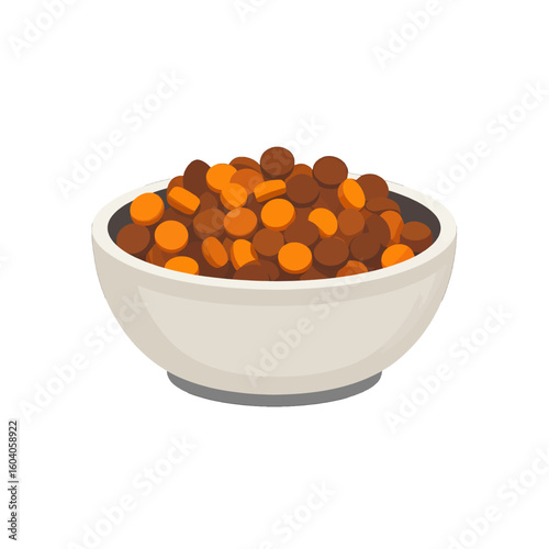 A simple cartoon illustration of a white ceramic bowl filled with brown and orange lentils.