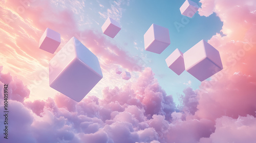 Minimalistic abstract architectural background with white cubes under blue sky