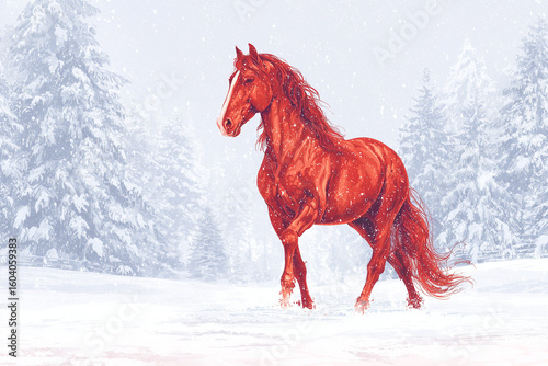 New Year card with a picture of a horse against the background of a forest. Christmas 2026
