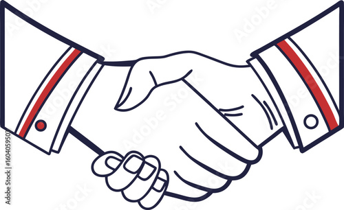 Illustration of two hands in a handshake wearing suits with red stripes on the sleeves in black outline