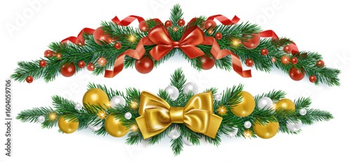 Christmas tree garland decorations with evergreen pine branches, red ribbon bow and baubles, golden satin bow with yellow ball ornaments. Festive borders and dividers for xmas holiday designs.