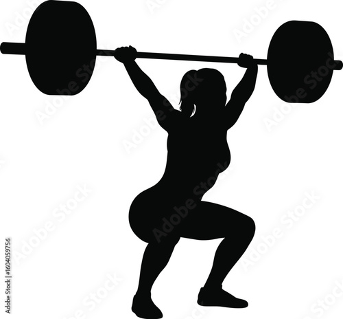 Silhouette of Female Weightlifter Performing a Squat Clean with a Barbell Overhead on White