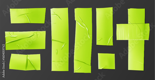 Green adhesive tape strips set with realistic wrinkles. Various sizes and shapes of lime scotch pieces. Sticky paper patches for office notes, repairs or scrapbooking projects on dark background.